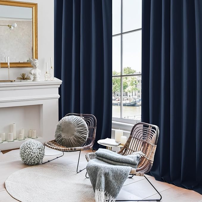 Deconovo Solid Back Tab and Rod Pocket Curtains Blackout Curtains Thermal Insulated Drapes Room Darkening Curtains for Living Room 52Wx84L Inch Navy Blue 2 Panels