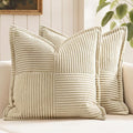 MIULEE Cream Corduroy Decorative Euro Sham Pillow Covers 24x24 Inch with Splicing Set of 2 Soft Boho Pillow Covers Broadside Textured Pillowcases for Couch Bed Livingroom