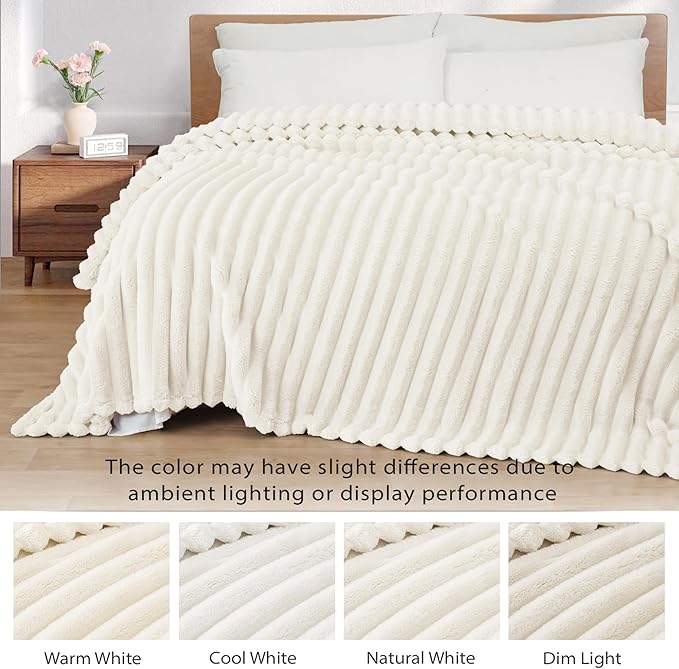 Exclusivo Mezcla Twin Size Flannel Fleece Blanket, Super Soft Striped Jacquard Bed Blanket, Lightweight Fuzzy Cozy for All Seasons, 60x80 Inches, Ivory