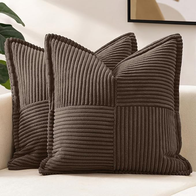 MIULEE Decorative Throw Pillow Covers for Couch Bed Livingroom 20x20 Inch Set of 2 Dark Brown Boho Accent Throw Pllows Broadside Striped Patchwork Soft Corduroy Pillowcases