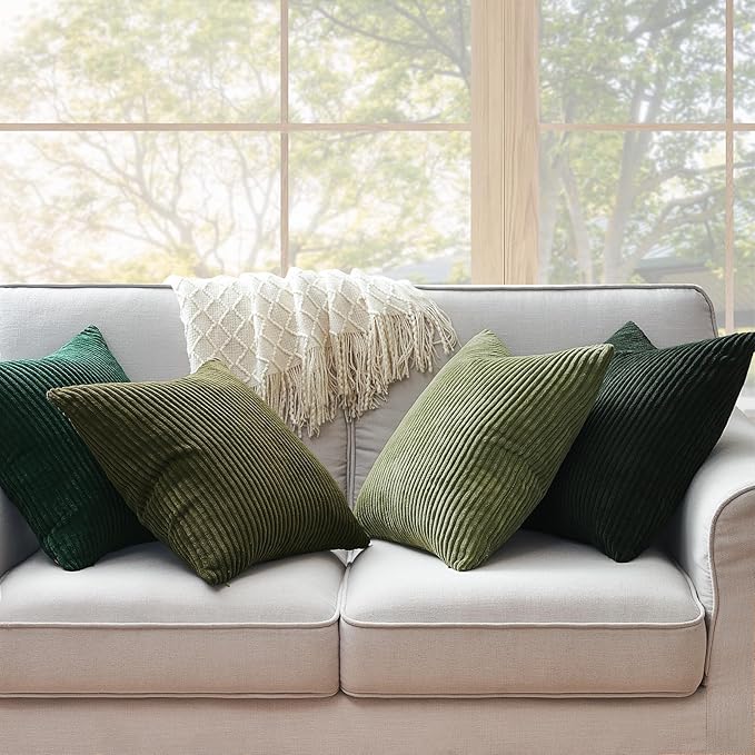 Topfinel Christmas Decorative Throw Pillow Covers Green Series,Winter Fluffy Corduroy Striped Euro Pillows Shams for Couch Bed Bedroom,Western Modern Hunter Green Pillowcase 20x20 Inch Set of 4