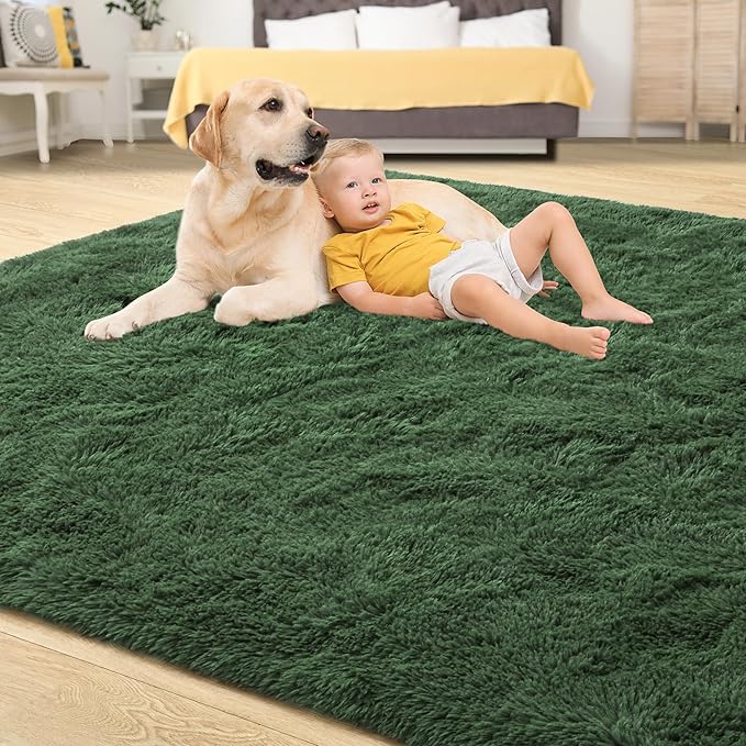 Tepook Fluffy Large Rugs for Living Room, Area Rug 6x9 Soft Carpet for Bedroom, Modern Shaggy Rug for Kids Boys Girls, Plush Indoor Nursery Home Decor Rug with Non-Slip Bottom, Dark Green
