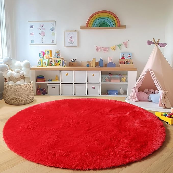 ONASAR Red Round Rugs 5ft for Bedroom Living Room, Fluffy Circle Area Rug for Kids Girls Boys Teen, Soft Plush Shaggy Carpet for Nursery Dorm Classroom Playroom Home Decor Aesthetic