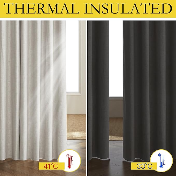 NICETOWN Snowbound Vintage Linen 100% Blackout Curtains for Living Room, Thermal Insulated Curtains 90" Long, Noise Reducing Window Treatment Drapes for Home Cinema, 52" Wide Per Panel, Set of 2