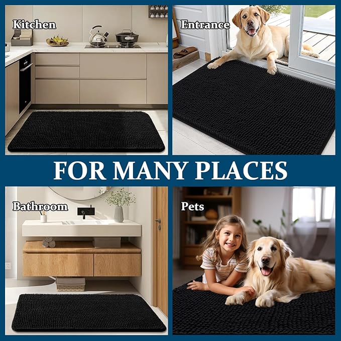 OLANLY Dog Door Mat for Muddy Paws 54x24, Absorbs Moisture and Dirt, Absorbent Non-Slip Washable Doormat, Quick Dry Chenille Mud Mat for Dogs, Entry Indoor Entryway Carpet for Inside Floor, Black