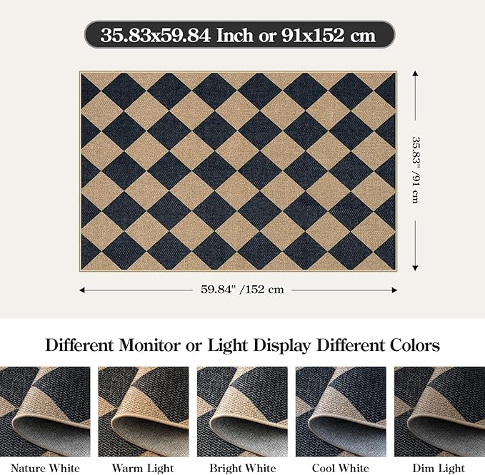 Lahome Colette Checkered Easy Jute 3x5 Outdoor Patio Rug, Washable Rugs for Entryway Diamond Indoor Outdoor Living Room Carpet, Farmhouse Neutral Non Slip Black Door Carpet for Backyard Bedroom