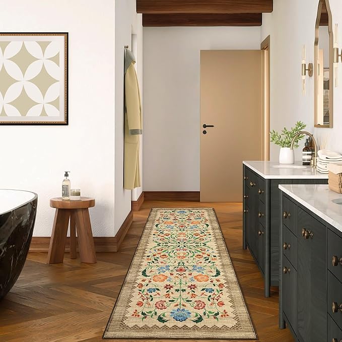 GarveeHome Floral Rug 2x6 Runners for Hallways, Boho Kitchen Runner Rugs Non Slip Bath Runners, Vintage Washable Runner Rug for Bedroom, Soft Long Rugs for Entryway Bathroom Laundry Dorm, Beige