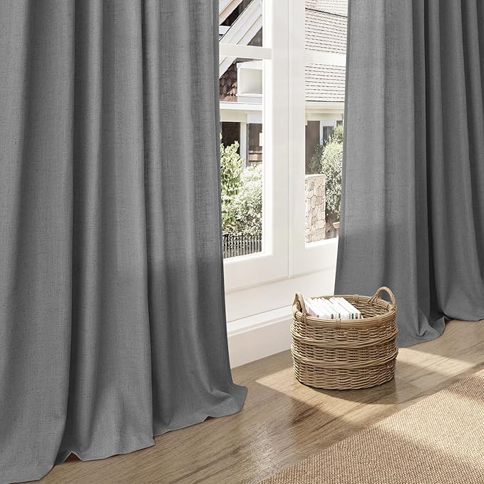 Extra Long Dark Grey Linen Curtains 2 Panels 102 Inches Long for Living Room Cotton Linen Textured Window Curtain Back Tab Rod Pocket Light Filtering Semi Sheer Drapes 102 Inch Length for Bedroom