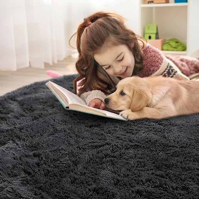 OLANLY Black Round Rugs for Bedroom - Machine Washable, 7 ft Circle Area Rugs for Living Room, Soft and Fluffy Shaggy Carpet for Teen Girls and Boys, Nursery Rooms, Dorms, Home Decor Aesthetic