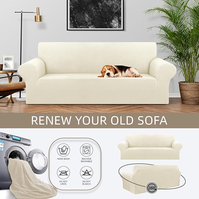 KEKUOU Stretch Sofa Cover Slipcover ，Couch Covers for 3 Cushion Couch Sofa pet Friendly (78"-94") Furniture Protector Sofa with Elastic Bottom for Kids,Dog, Jacquard Small Checked(Large,Beige)