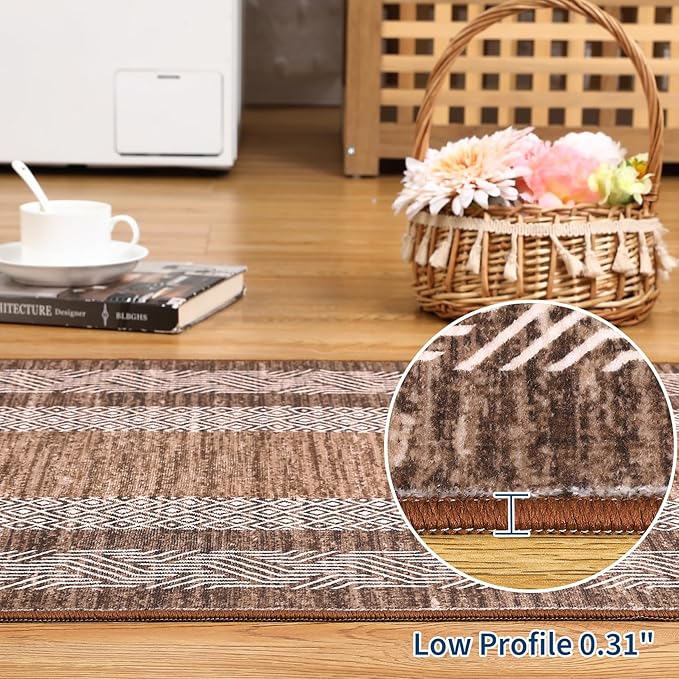 GarveeHome 2.5x8 Modern Bordered Runner Rug Soft Non Slip Washable Floor Carpet Distressed Geometric Hallway Indoor Printed Rug for Kitchen Entrance, Dark Brown