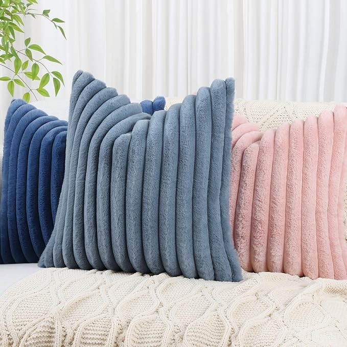 decorUhome Cozy Faux Fur Throw Pillow Covers 26x26 Set of 2 Decorative Soft Plush Striped Modern Farmhouse Boho Couch Euro Sham Pillow Cases with Velvet Back for Sofa Bed Living Room, Grey Blue