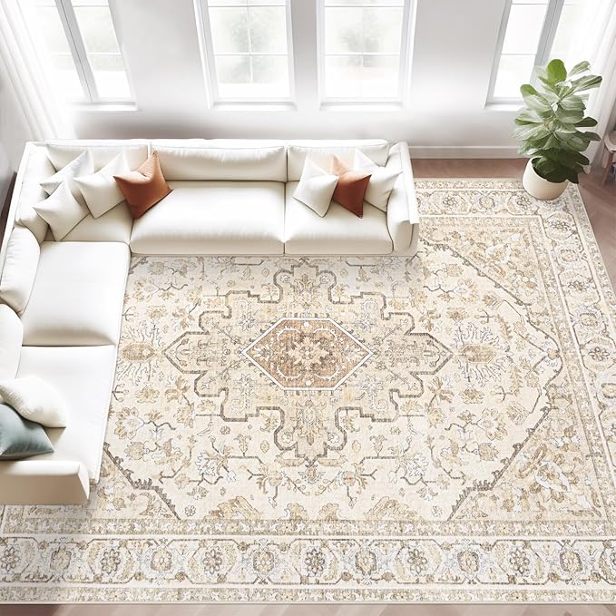 Area Rugs 8x10 Vintage Rug: Large Washable Living Room Rug Retro Medallion Distressed Soft Low Pile Non-Slip Indoor Floor Carpet for Bedroom Kitchen Nursery Dining Office (BeigeBrown, 8'x10')