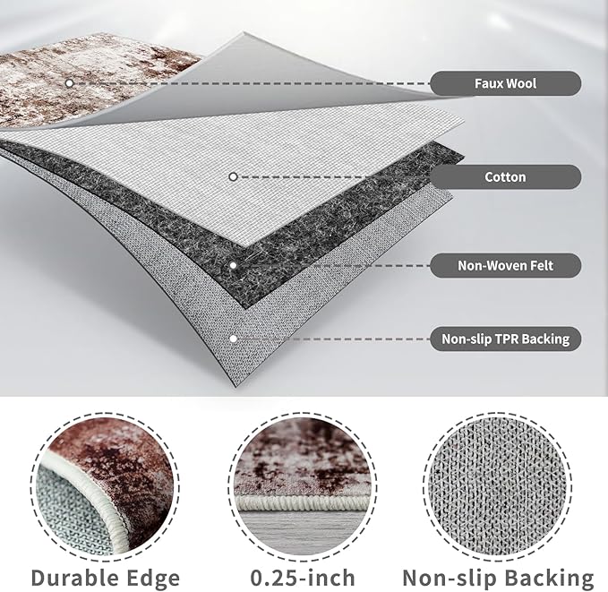 5x12 Runner Rug for Wide Hallway: Long Washable Runners for Entryway Living Room Dining Room - Stain and Water Resistant Rugs with Non-Slip Backing - Soft Low-Pile Carpet Brown Khaki White