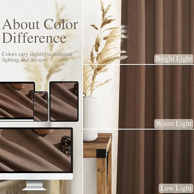 Caramel Brown Linen Curtains for Living Room Extra Long 112 Inches Long Back Tab Light Filtering Semi Sheer Curtain Vintage Rustic Decor Floor to Ceiling High Window for Bedroom 52x112, 2 Panels