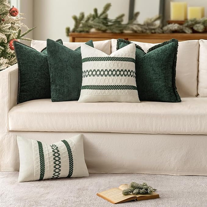MIULEE Pack of 2 Christmas Pillow Covers 16x16 Inch Dark Green Farmhouse Decorative Throw Pillow Covers with Stitched Edge Soft Chenille Solid Dyed Couch Pillow Covers for Sofa Bed Living Room