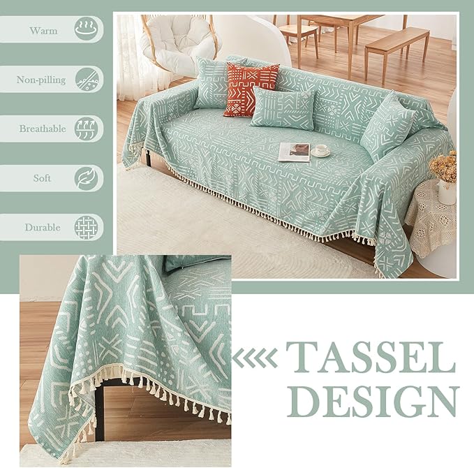 HANDONTIME Farmhouse Couch Cover Tassel Light Green Sofa Covers for Dogs Boho Décor Geometric Aztec Couch Cushion Cover Sofa Protector Cover Sectional Couch Covers for 3 Cushion Couch, 71" X150"