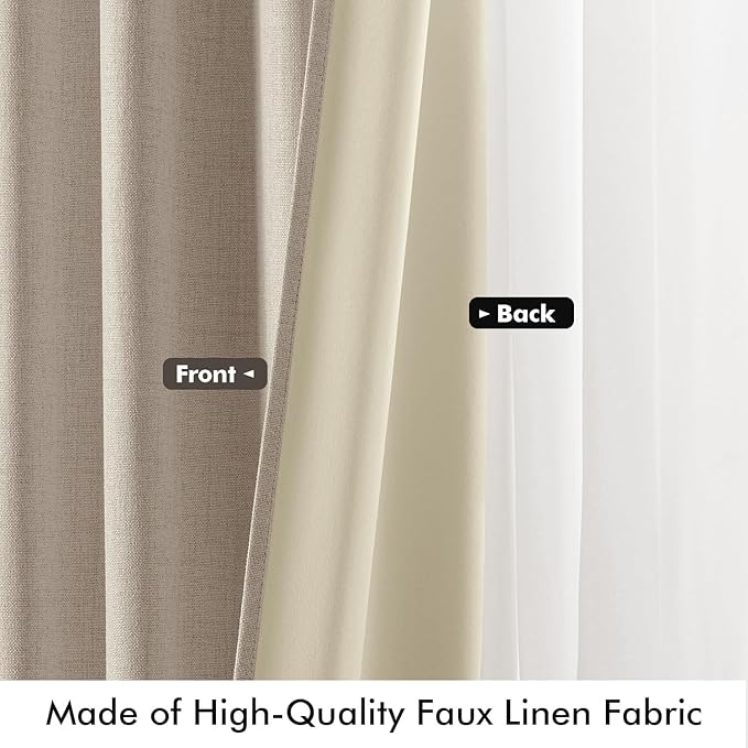 MIULEE 100% Blackout Linen Curtains for Bedroom, Taupe Solid Luxury Decor Thermal Insulation Room Darkening Drapes for Living Room Nursery Back Tab Rod Pocket 42 x 90 Inches, 2 Panels