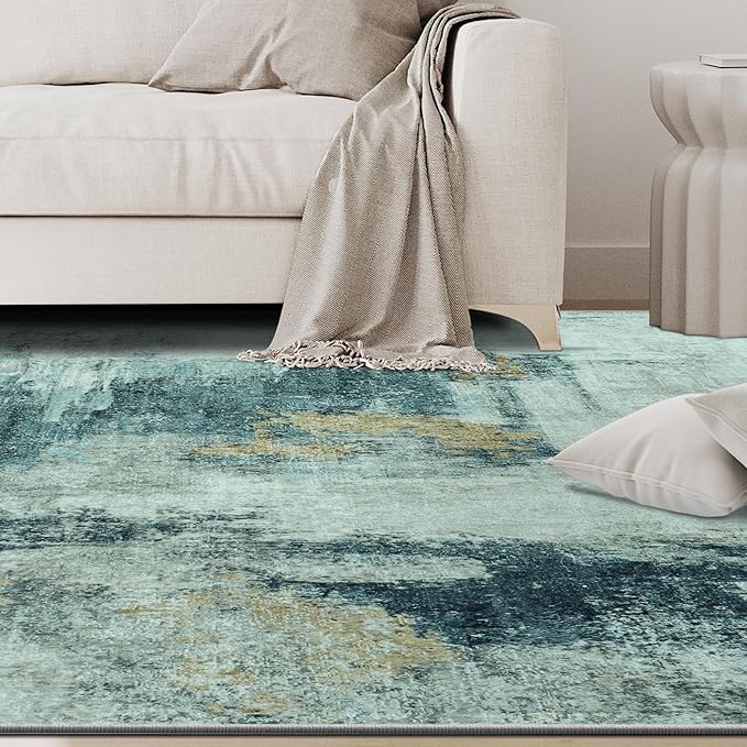 10x14 Area Rugs for Living Room Rug Washable: Abstract Large Rug Indoor Modern Carpet Non Slip for Dining Room Bedroom Nursery Home Office Teal Grey Gold