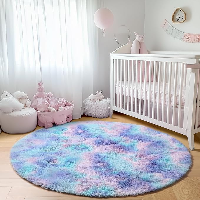 ONASAR Rainbow Round Area Rug 4ft, Soft Bedroom Circle Throw Rugs for Kids Girls Boys Teen Dorm Room, Fluffy Plush Shaggy Carpet Mats for Nursery Living Room Playroom Home Decor Princess Castle