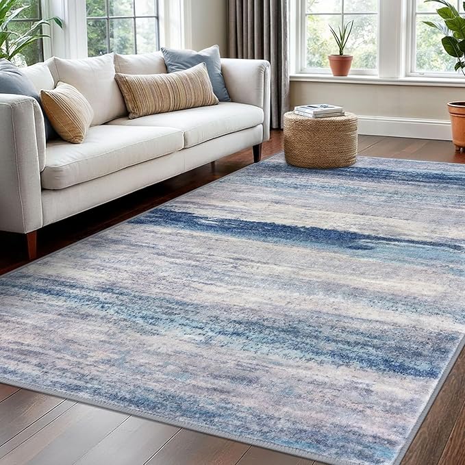 KOZYFLY Washable Area Rug 5x7 Modern Ombre Thin Rugs for Living Room Non-Slip Soft Striped Area Rug for Bedroom, Print Blue/Grey/Beige Abstract Carpet for Kid Room