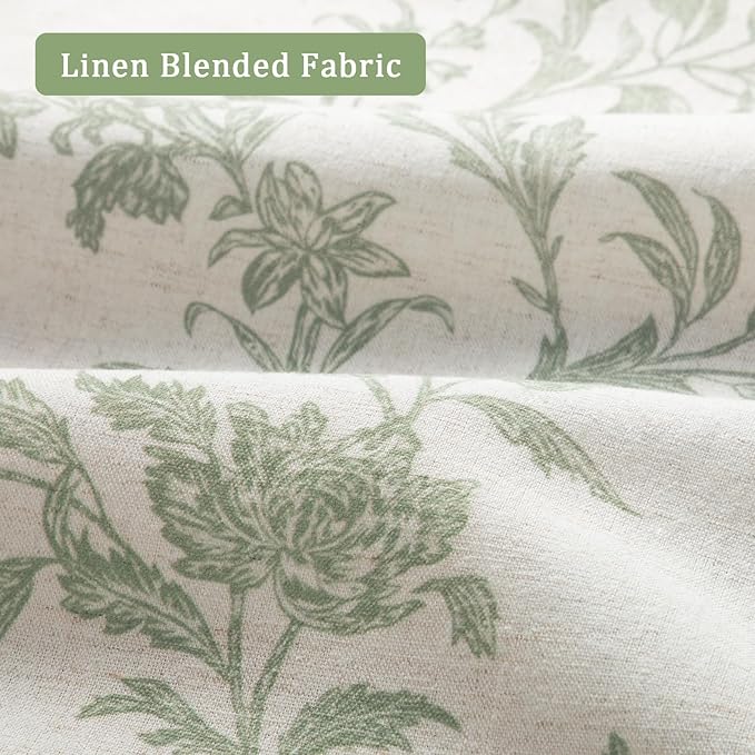 Floral Blackout Sage Green Curtains 90 Inch Length 2 Panels Set, Linen Texture Farmhouse Curtains for Living Room Bedroom