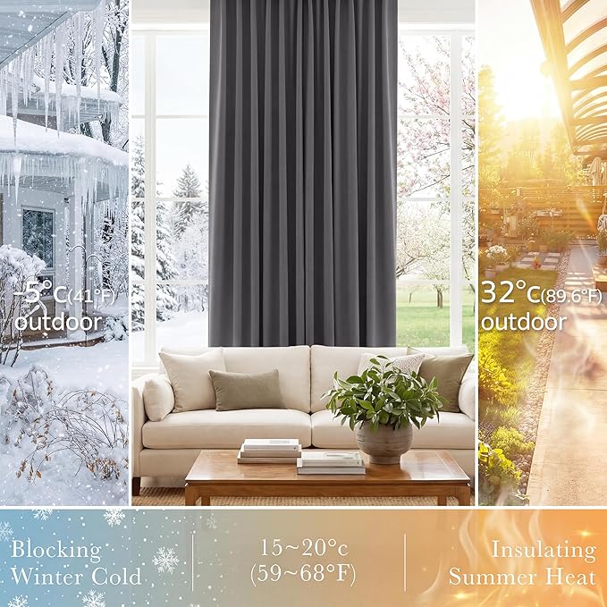PONY DANCE Blackout Window Curtains - Short Gray Thermal Insulated Drapes Back Tab/Rod Pocket Room Darkening Panels Energy Saving for Bedroom/Bathroom, 42 W x 54 L, Grey, 1 Pair