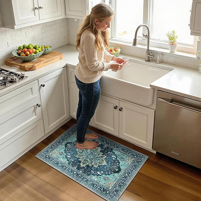 Area Rugs 2'x3' Kitchen Rugs Entry Rug Small Rugs for Entryway Kitchen Bathroom Door Mat Indoor Entrance,Washable Non Slip, Teal Green Lake Blue Turquoise
