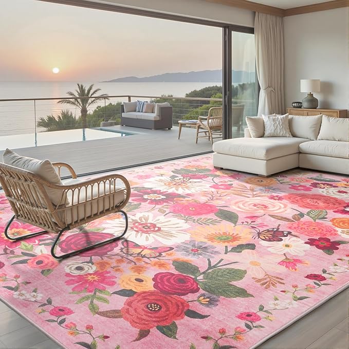 Pink Area Rugs 10x14 Living Room, Non Slip Machine Washable Floral Rugs, Low Pile Lightweight Large Rug for Bedroom, Dining Room, Home Office(10 x 14, Pink Garden)