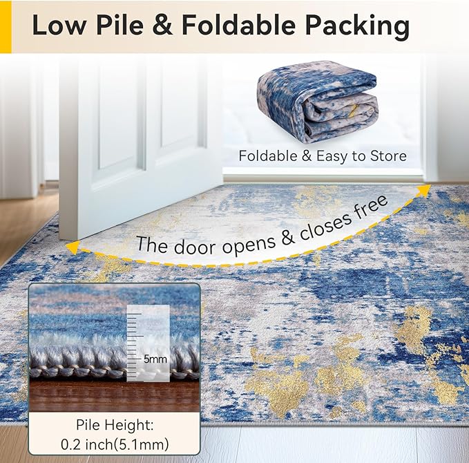 Washable Area Rugs 8ft Non-Slip Modern Abstract Soft for Living Room Entryway Bedroom Nursery, Print Pattern, Grey Blue Gold/Golden