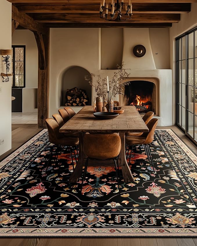 Area Rugs 10'x14' Washable Non-Slip, Floral Vintage Distress Print Pattern Medallion Carpet for Living Room Bedroom Dining Room, Black Colorful Floral Dark Tan