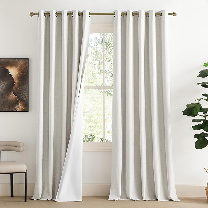 NICETOWN 100% Absolutely Blackout Linen Curtains with Thermal Insulated White Liner, Ivory, W62, 2 Pieces, Noise Reducing Textured Linen Look Curtains for Windows 95 inch Length for Classroom