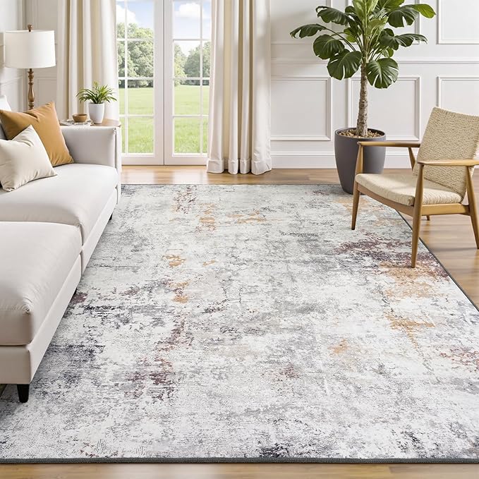 Rugflix 5x7 Area Rugs for Living Room, Washable Large Rug Stain-Resistant Low Pile, Modern Neutral Carpet for Dining Room Home Office Kid Room Nursery Bedroom, Grey Brown