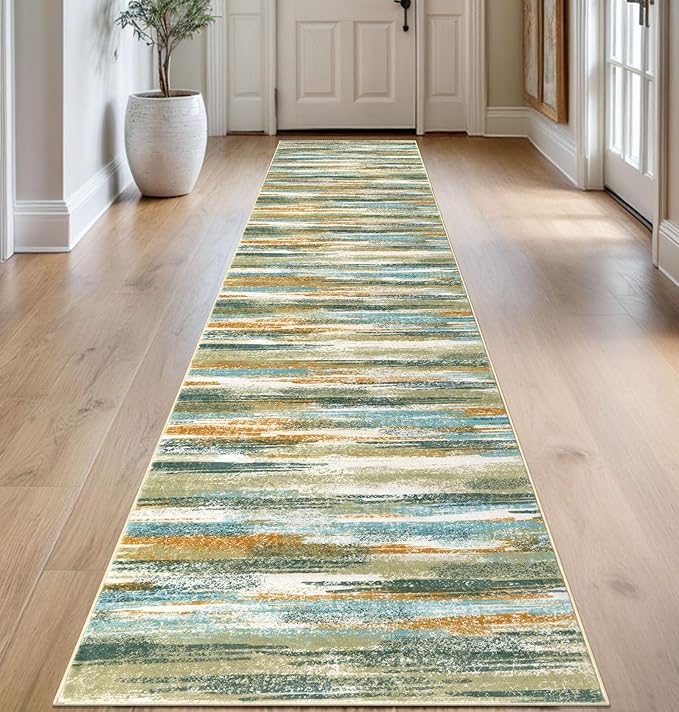 Lansny Modern Abstract Runner Rug 2.6x14, Green Mustard Multi Washable Long Kitchen Runner Non-Slip Soft Hallway Rug Runner Thin Print Faux Wool Carpet for Entryway Bedroom Laundry Room Indoor