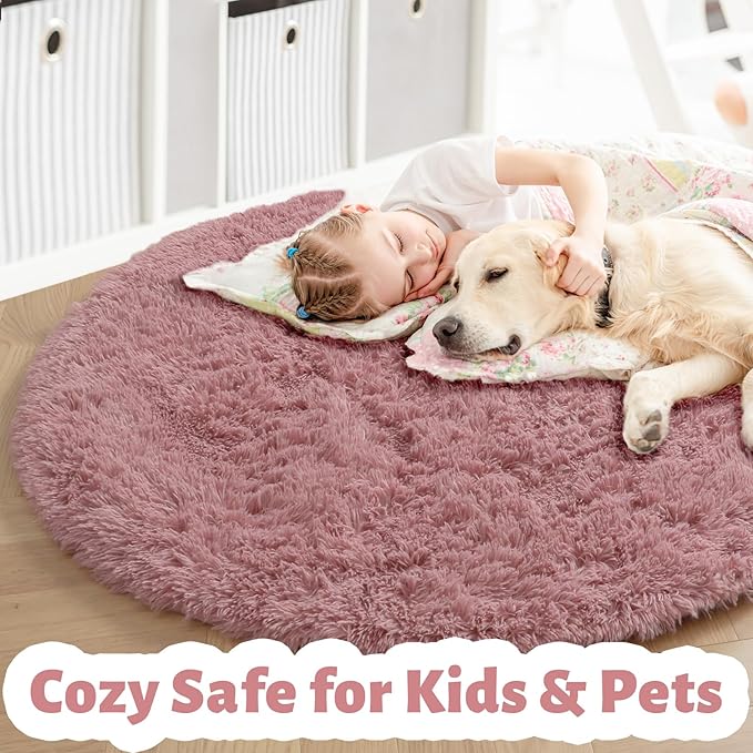 Amdrebio Blush Fluffy Round Rug 4Ft for Bedroom, Fuzzy Furry Circle Area Rugs for Kids Room Decor Aesthetic, Shaggy Circular Carpet for Girls Nursery Dorm Baby Teen, Cute Neutral Dusty Rose Mauve Rug