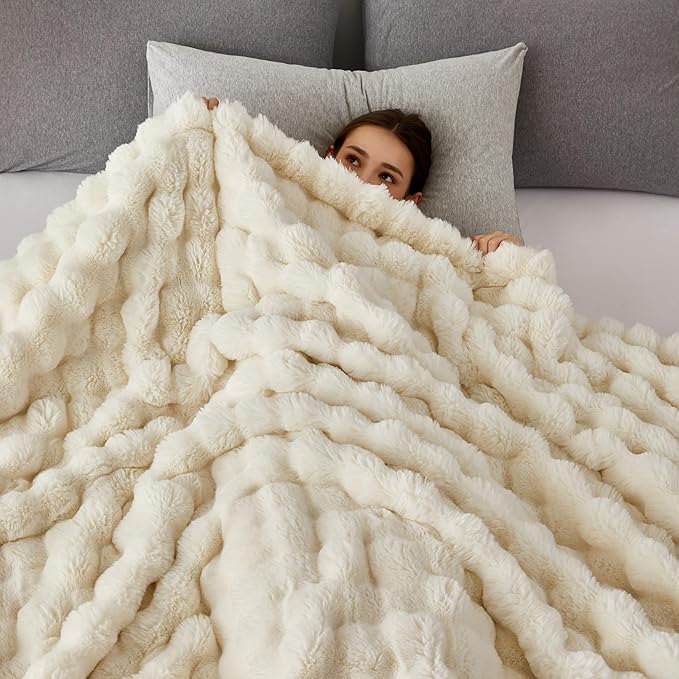 COOVA Faux Fur Throw Blanket for Couch, Cozy Soft and Fuzzy Plush Rabbit Fur Bubble Blanket for Sofa Bedroom Living Room, 50x60 Inches Ivory White