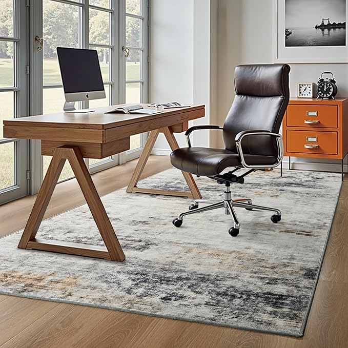 Toneed Abstract Area Rug 7x9 Modern Washable Rug Soft Non Slip Rug Low Pile for Bedroom Living Room Dining Room Grey/Brown