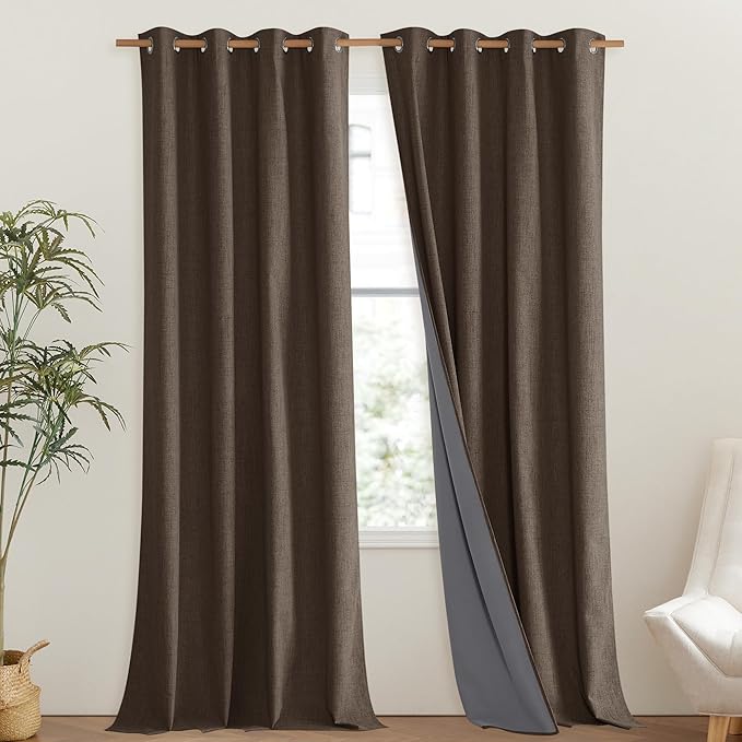 NICETOWN Coffee Vintage Linen 100% Blackout Curtains for Living Room, Thermal Insulated Curtains 120" Long, Noise Reducing Window Treatment Drapes for Hall Room, 52" Wide Per Panel, Set of 2