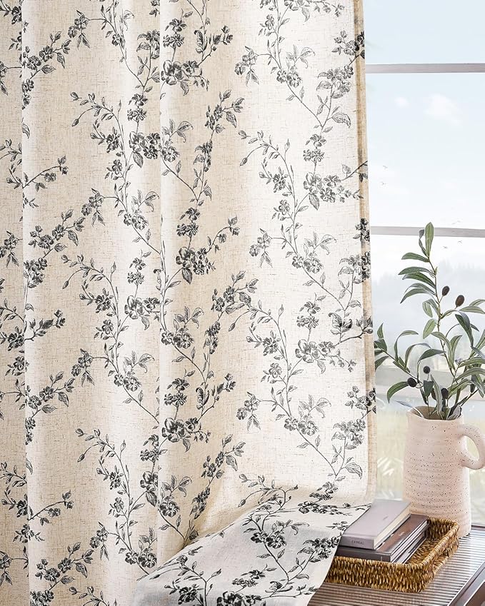 Lazzzy Farmhouse Linen Curtains Black Floral Curtains 63 Inch Length Back Tab Drapes for Living Room Bedroom Light Filtering Country Vintage Rod Pocket, 2 Panels, Black on Beige