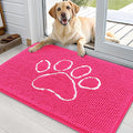 OLANLY Dog Door Mat for Muddy Paws 36x24, Paw Print Design, Absorbs Moisture and Dirt, Absorbent Non-Slip Washable Doormat, Quick Dry Chenille Mud Mat for Dogs, Entry Indoor Entryway Carpet, Hot Pink