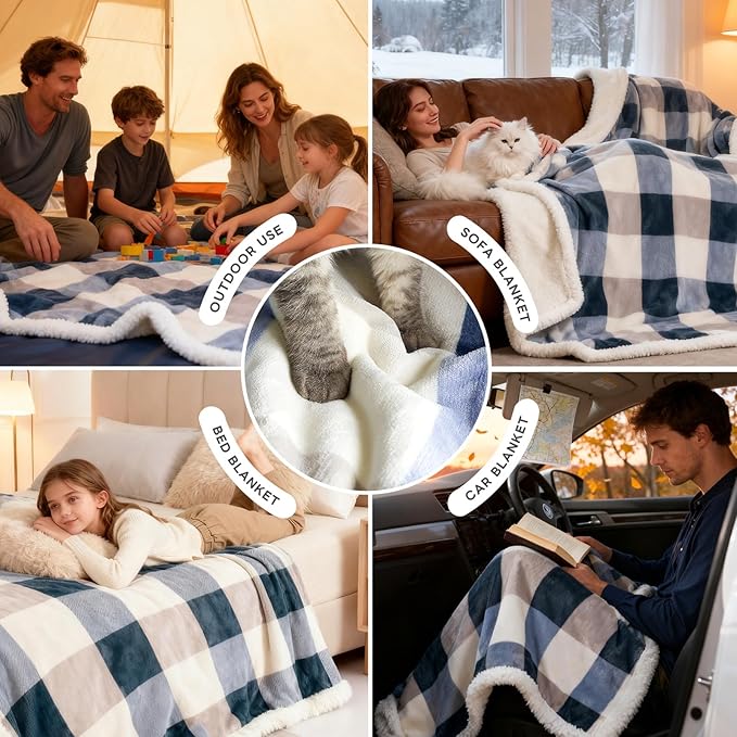 PU MEI Sherpa Throw Blanket for Couch Sofa 50“*60”-Fuzzy Soft Cozy Fleece Thick Warm Blanket for Winter, Soft Throws Plush Fluffy Lattice Flannel Blankets (Grey-Soft Blue)