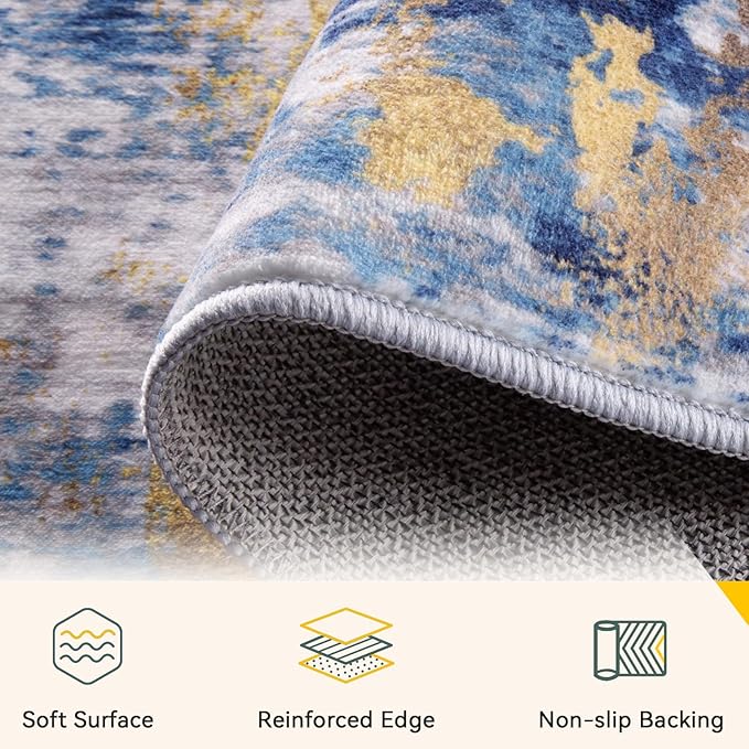 Washable Area Rugs 3x7 Non-Slip Modern Abstract Soft for Living Room Entryway Bedroom Nursery, Print Pattern, Grey Blue Gold/Golden