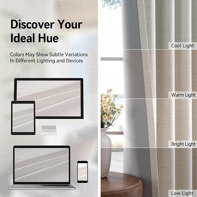 100% Blackout Shield Linen Blackout Curtains for Bedroom, Beige Grommet Curtains for Living Room, Thermal Insulated Room Darkening Drapes for Nursery, Boho Home Decor, 50" W x 96" L, 2 Panels