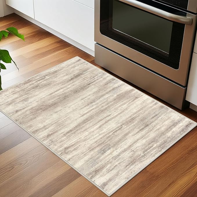 KOZYFLY Modern Abstract Rugs for Entryway 2x3, Washable Kitchen Rug Non-Slip Soft Small Bathroom Rug, Beige Brown Striped Small Area Rugs Print Faux Wool Doormat for Bedside Entrance Bedroom Sink