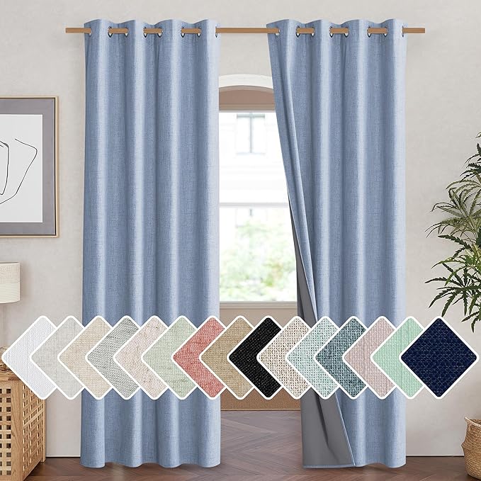 NICETOWN Stone Blue Vintage Linen 100% Blackout Curtains for Living Room, Thermal Insulated Curtains 84“ Long, Noise Reducing Window Treatment Drapes for Hall Room, 52" Wide Per Panel, Set of 2