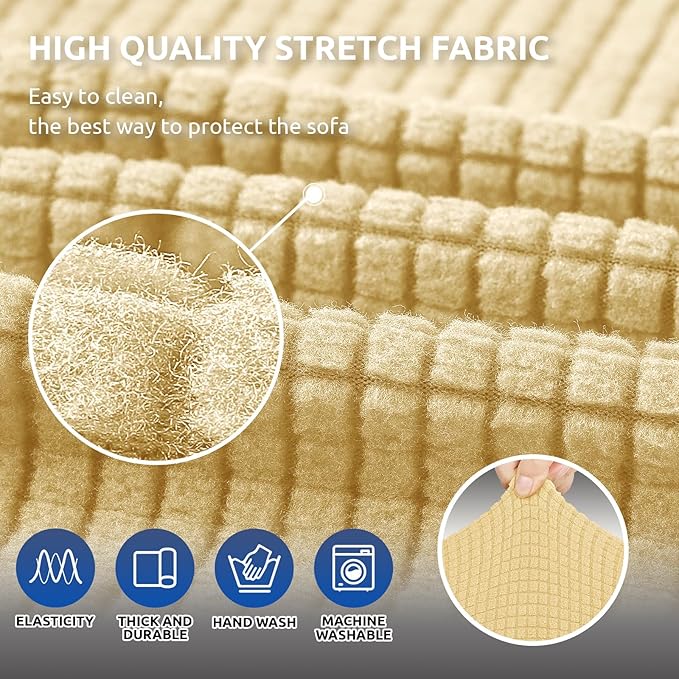 KEKUOU Stretch Loveseat Sofa Cover Slipcover,Couch Covers for 2 Cushion Couch Sofa (55"-78") Furniture Protector Sofa with Elastic Bottom for Kids,Dog. Jacquard Small Checked(Medium,Champagne)