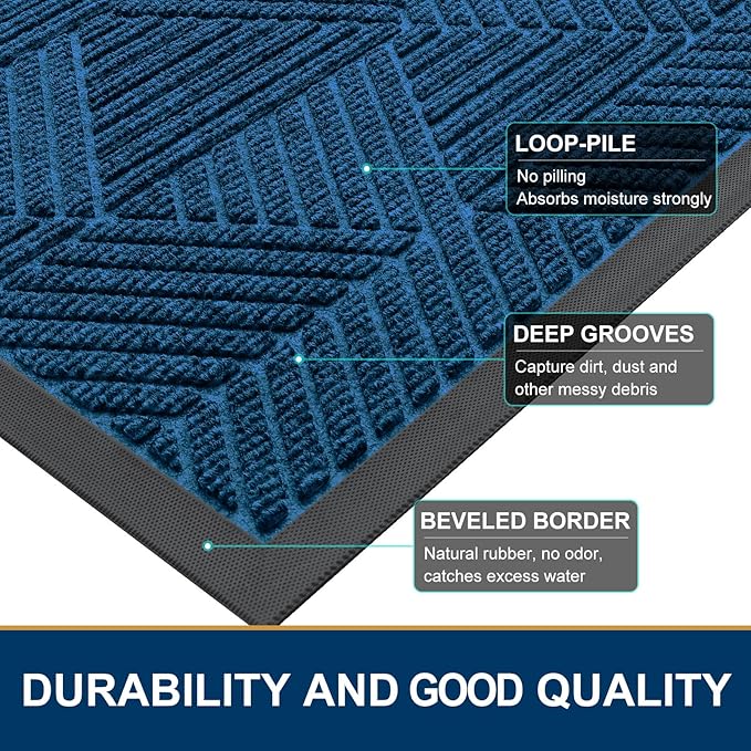 Smiry Front Door Mat Outside Entrance, Heavy Duty Sturdy Natural Rubber Doormat, Trap Dirt and Moisture, Easy Clean Low Profile Welcome Floor Mats for Indoor Outdoor Entry, 35X23 Inch, Mixed Blue