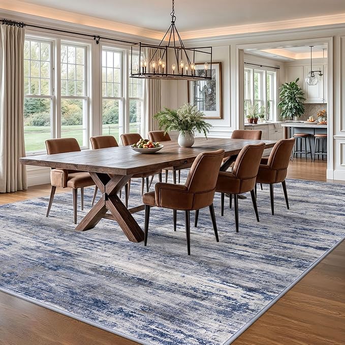 KOZYFLY Area Rugs 9x12 Living Room Modern Ombre Washable Thin Rug Large Rugs Non-Slip Soft Striped Rug for Bedroom, Print Grey-Blue Abstract Carpet for Laundry/Kid Room