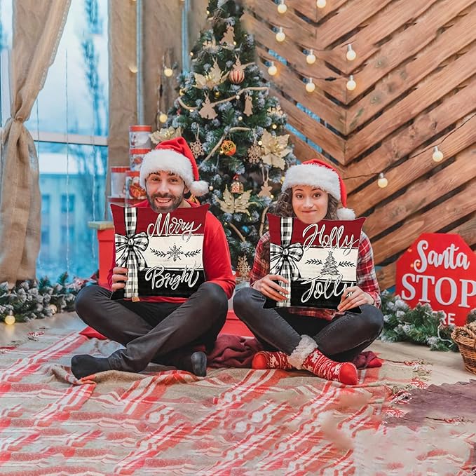 ONFAON Christmas Decorations - Merry Christmas Trees Red Throw Pillow Covers 18x18 Set of 4,Winter Holiday Decor Throw Cushion Case for Home Couch