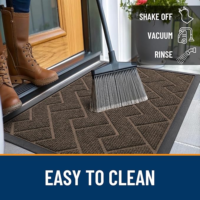OLANLY Front Door Mat Indoor Outdoor Entrance, Waterproof All-Season, All-Weather Doormat, Sturdy Natural Rubber, Low Profile, Easy Clean Patio Porch Entryway Mat, Herringbone Brick (Brown, 29.5x17)